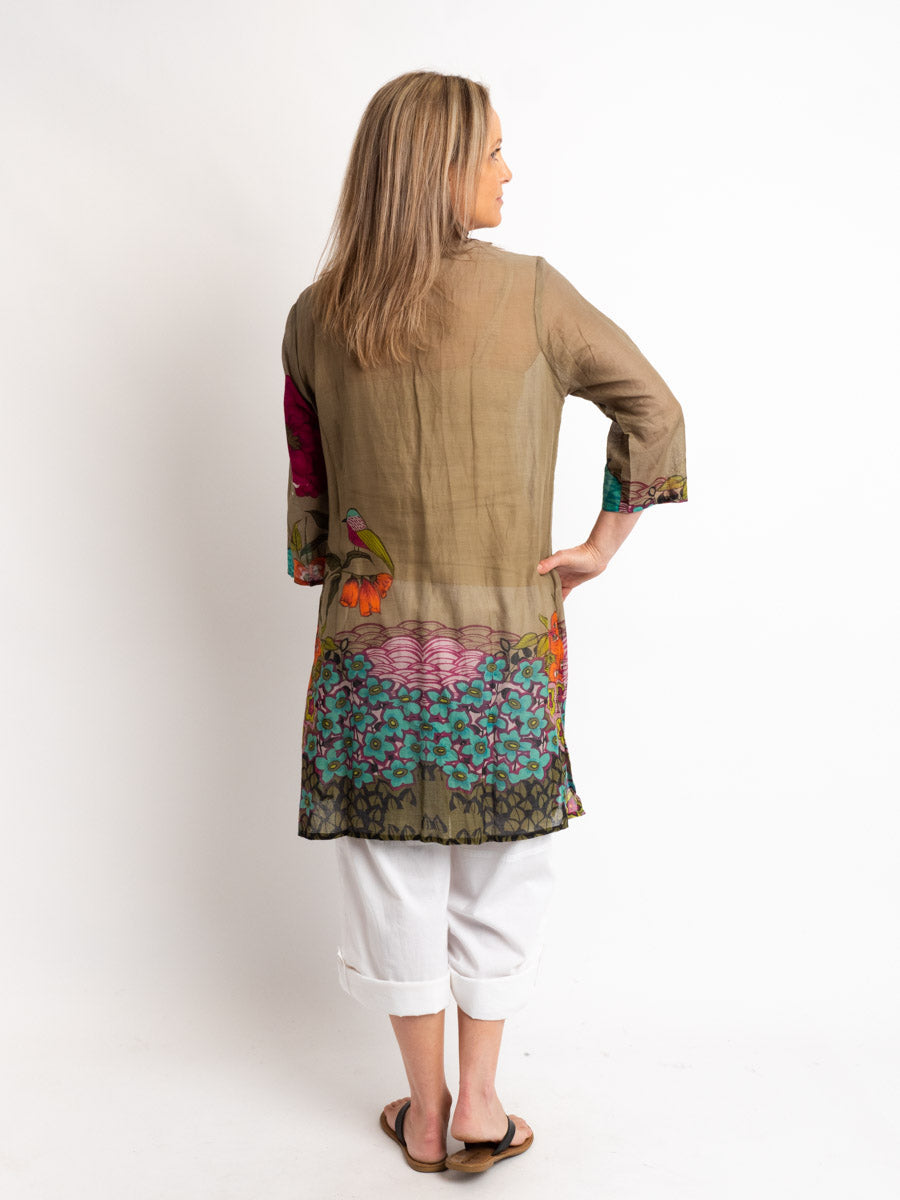 Beaded Long Top with Tie in Olive, Sea Green and Orange Print