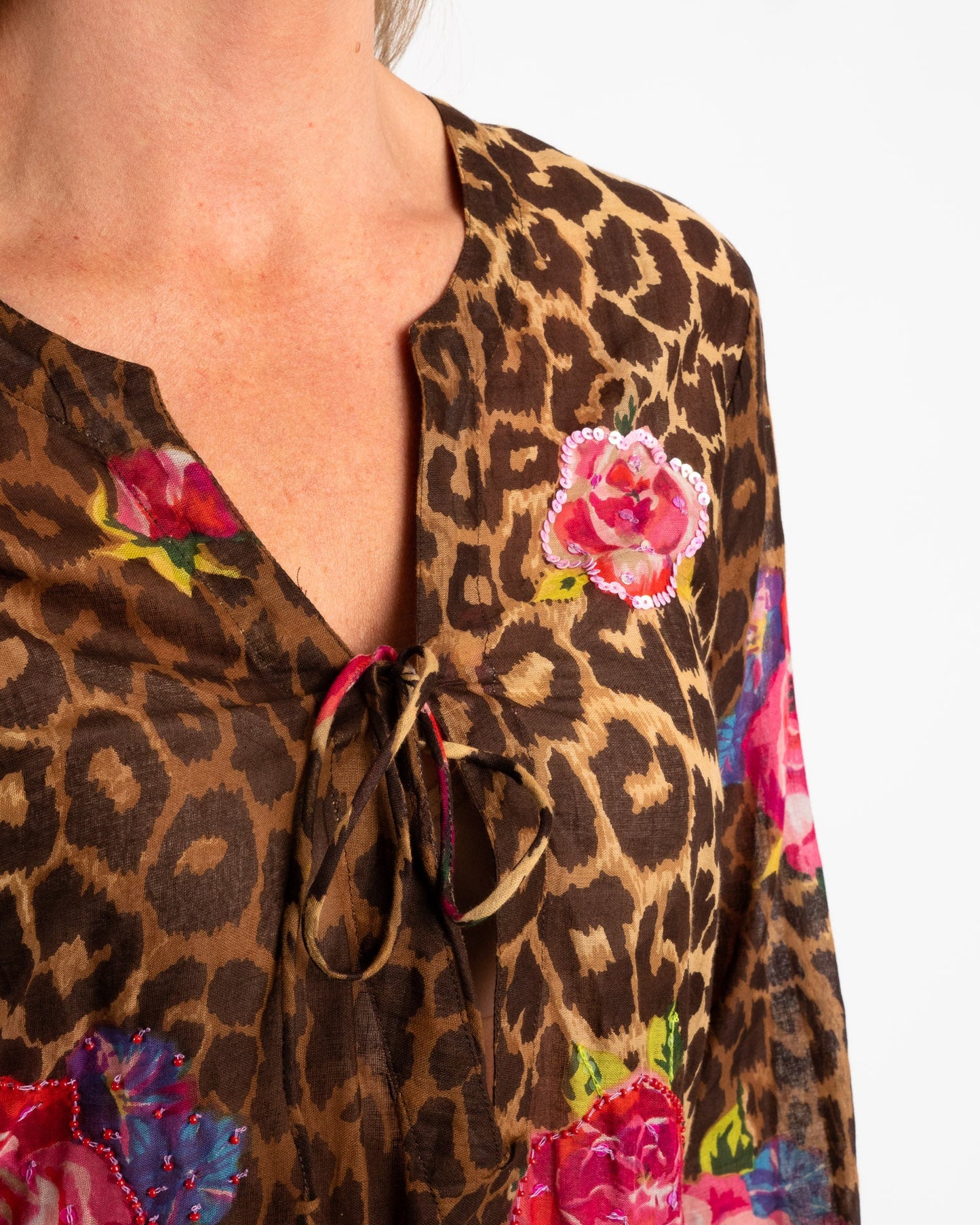 Beaded Long Top with Tie in Floral Tiger