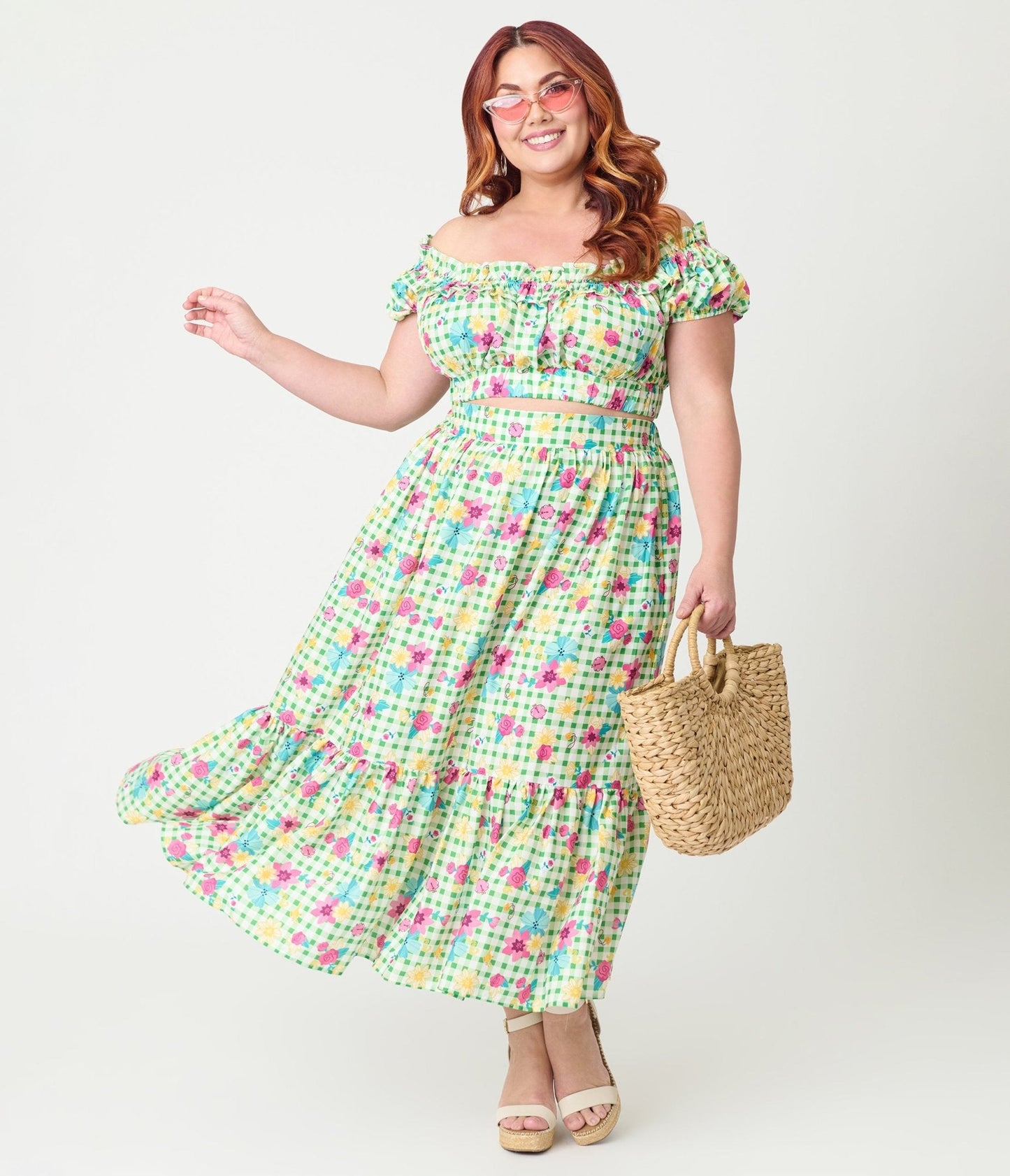 Disney Princess Collection by Unique Vintage Plus Size Green Gingham Ruffle Up Crop Top