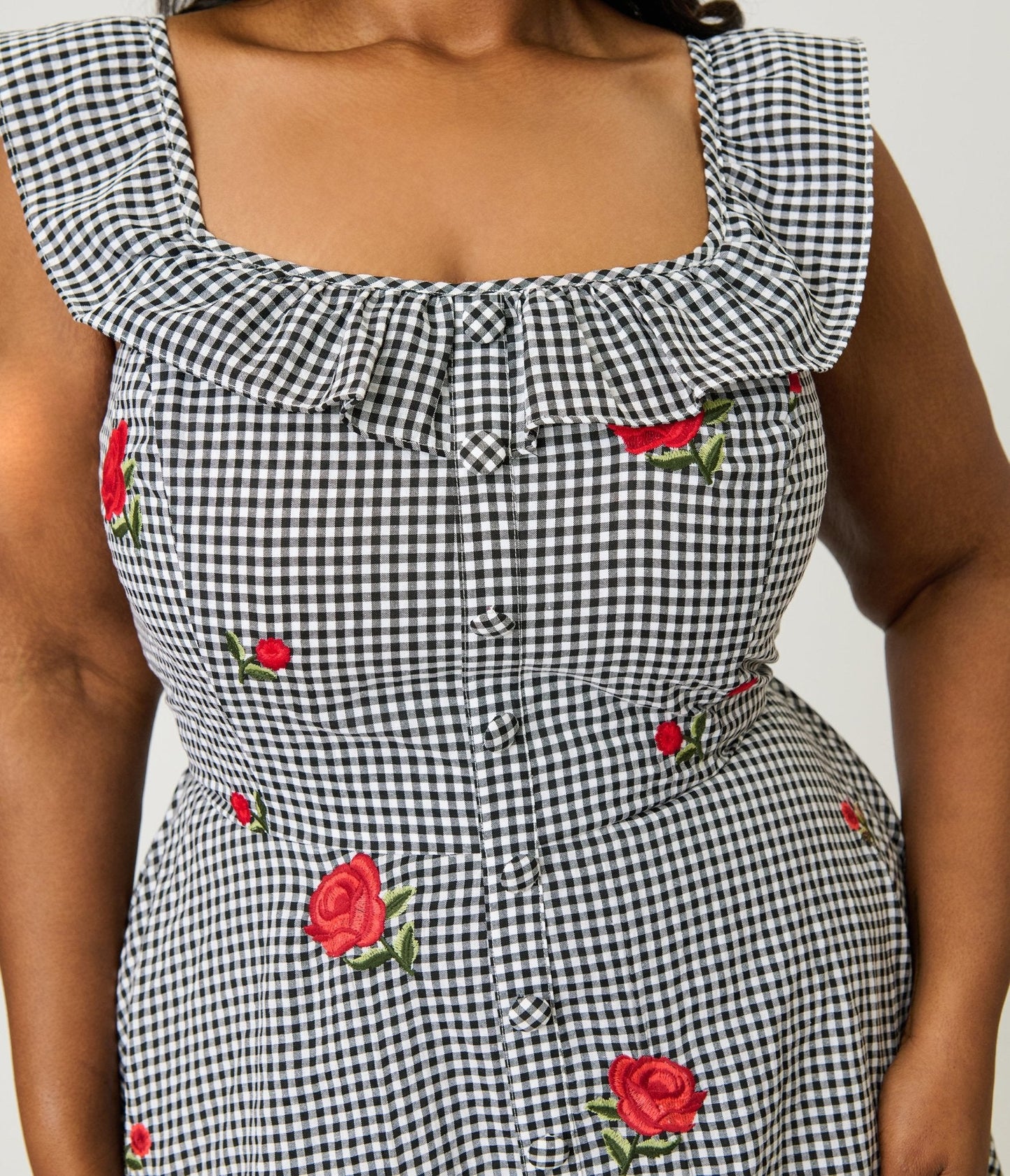 Magnolia Place Plus Size Black Gingham & Red Rose Embroidered Barbara Swing Dress