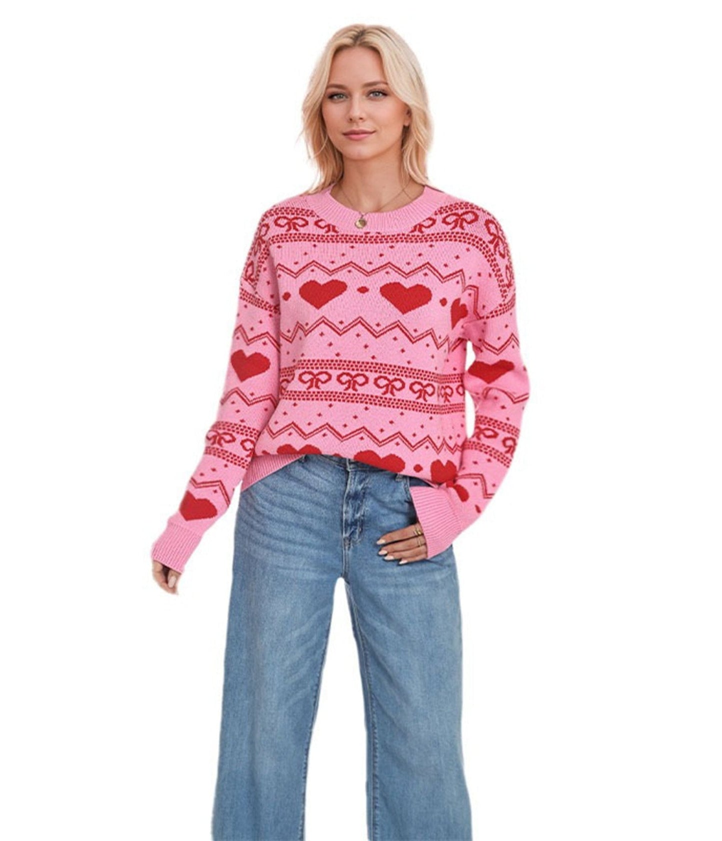 Pink & Red Heart & Bow Fair Isle Sweater