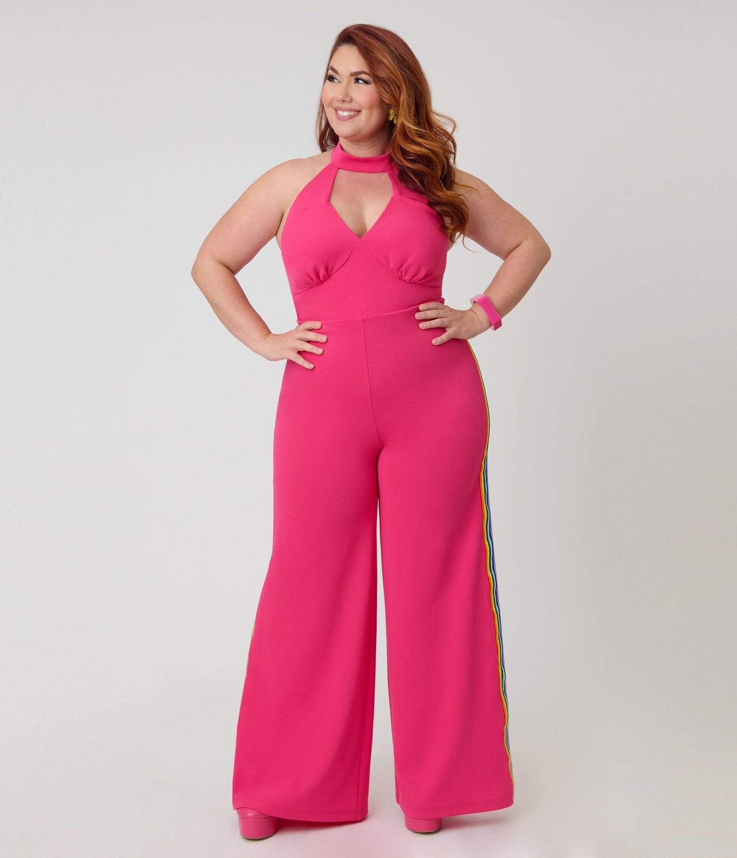Smak Parlour Plus Size Hot Pink Rainbow Stripe Glamour Goddess Jumpsuit