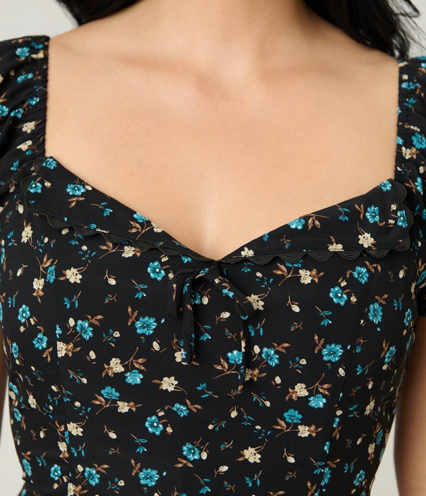 Unique Vintage Black & Blue Floral Puff Sleeve Midi Dress