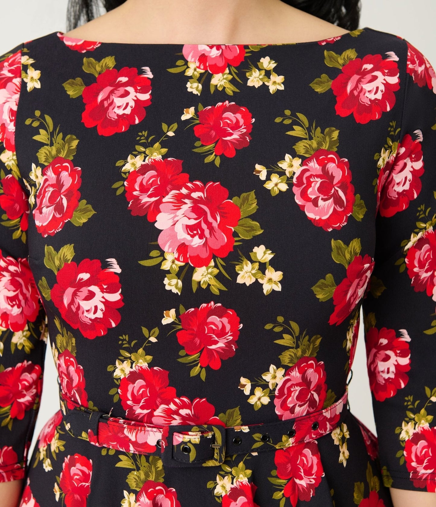 Unique Vintage Black & Red Cabbage Rose Devon Swing Dress