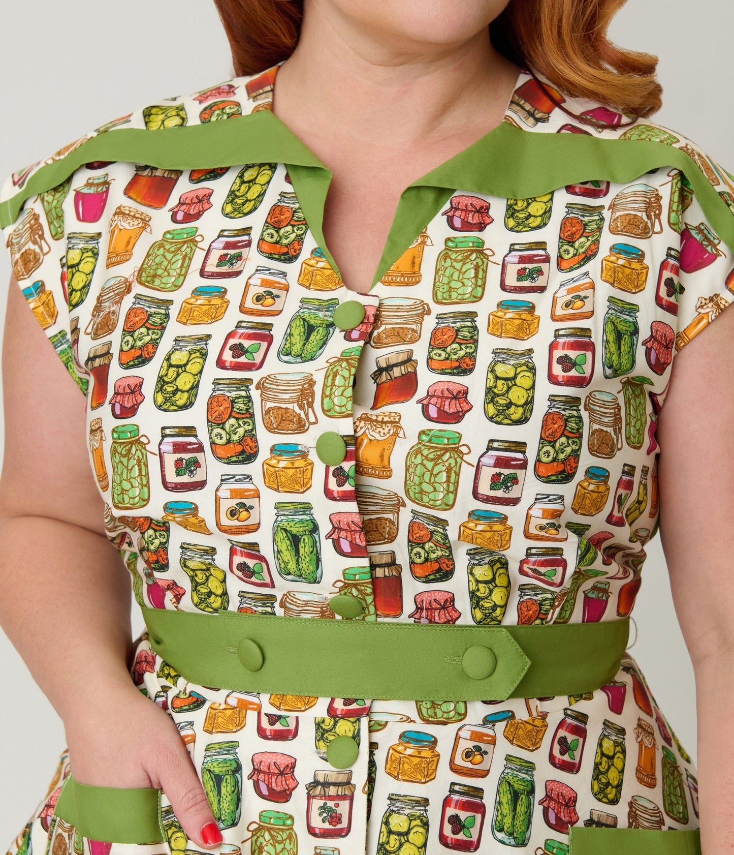 Unique Vintage Plus Size Green Mason Jar Print Cotton Hedda Swing Dress