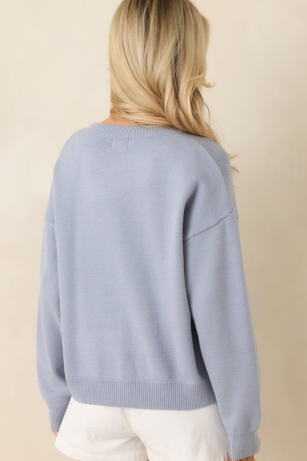 Stitched in Freedom Dusty Blue Floral Patchwork Flag Knit Sweater