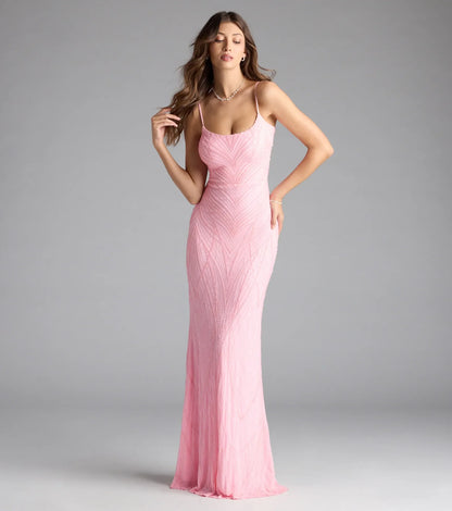 Betsey Lace-Up Mermaid Sequin Bead Formal Dress