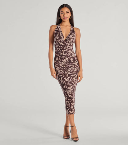 Fierce Style Zebra Print Mesh Halter Midi Dress