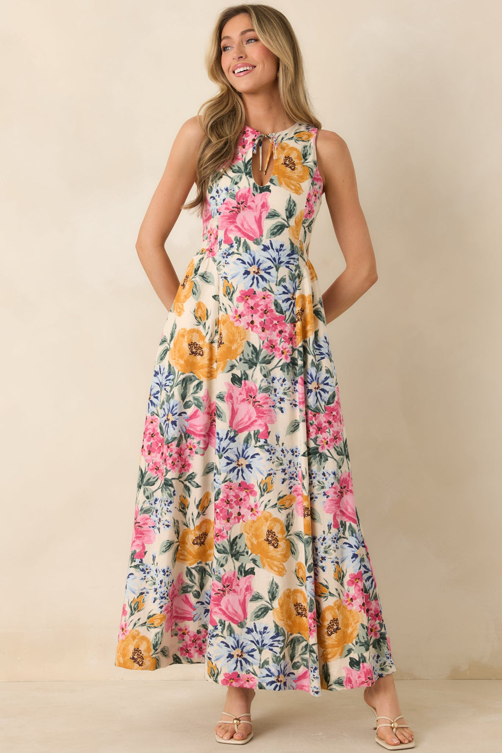 Florals in Focus Multi Floral Linen Blend Tie Front Maxi Dress