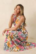 Florals in Focus Multi Floral Linen Blend Tie Front Maxi Dress