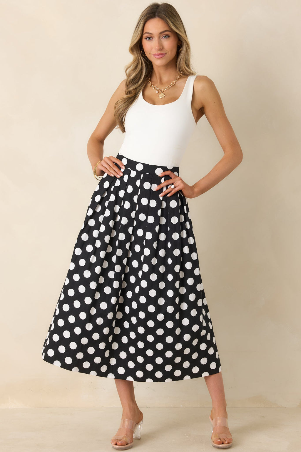 Lovely Little Thing Black Polka Dot Cotton Pleated Maxi Skirt