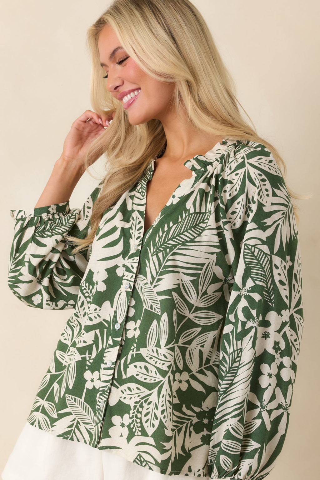 Jungle Luxe Green Tropical Print Button Front Top