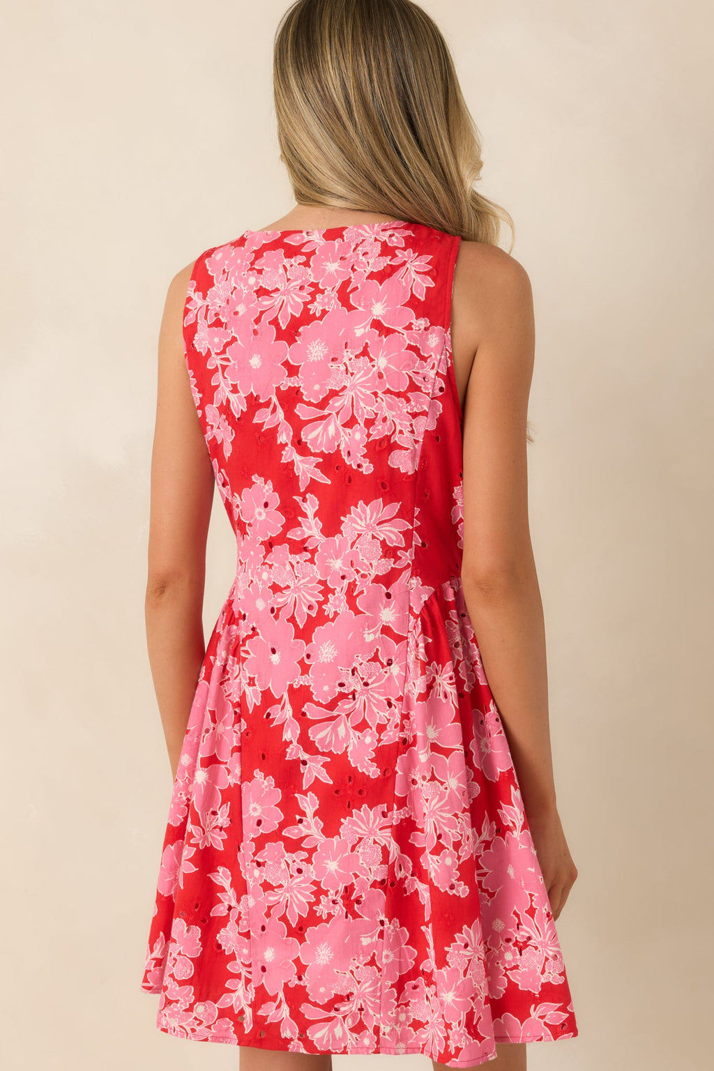 Here She Comes Red & Pink Cotton Floral Eyelet Mini Dress