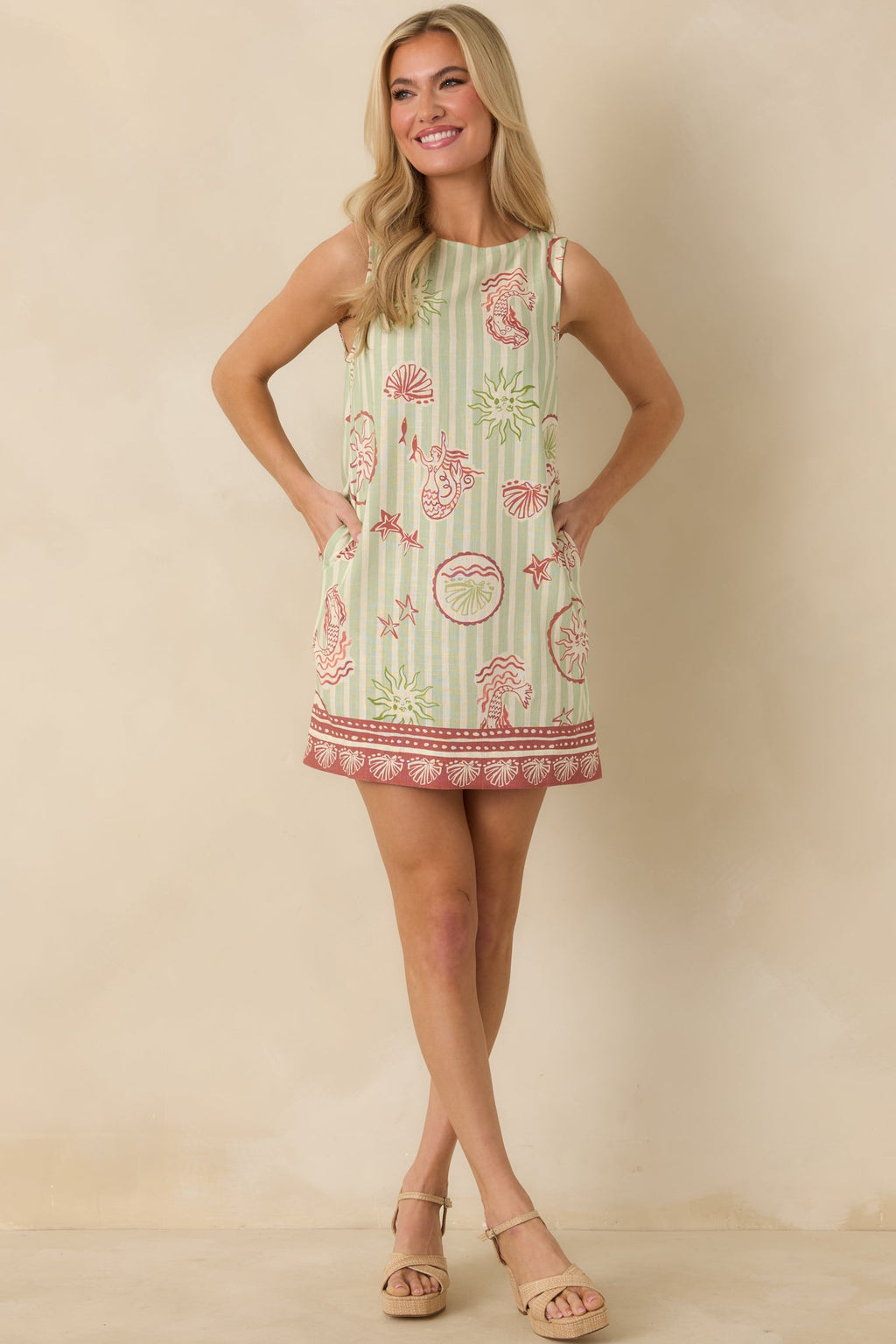 MINKPINK Soleil Green Stripe Linen Blend Shift Mini Dress