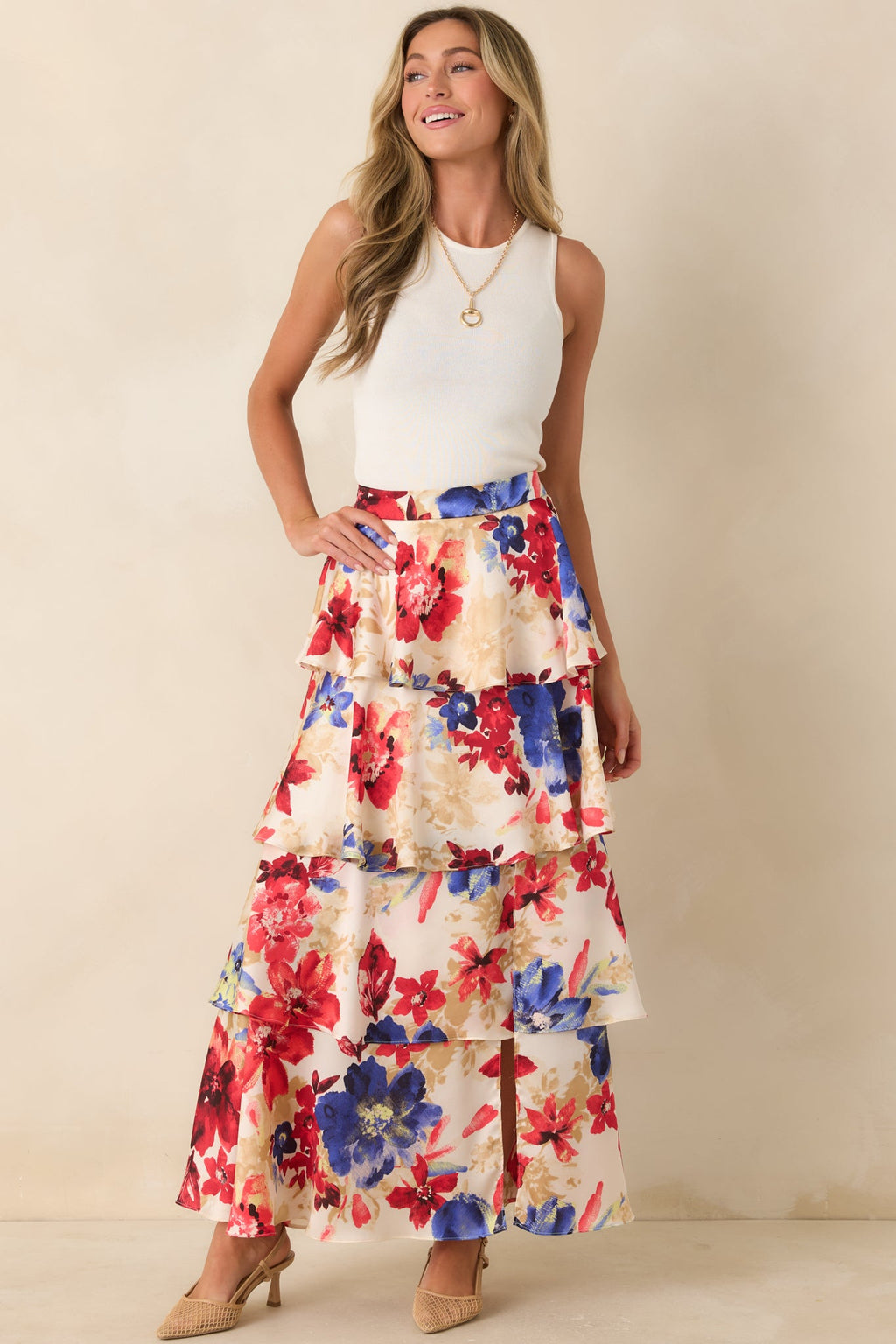 Flourish and Flow Ivory & Red Multi Floral Print Tiered Maxi Skirt