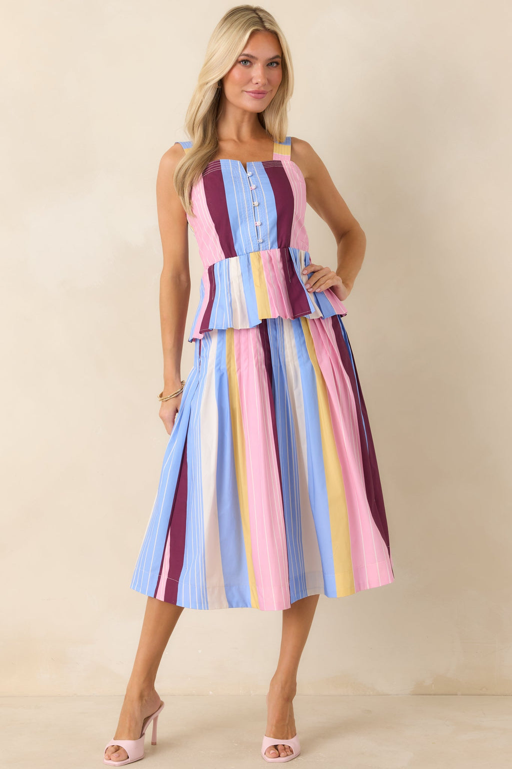 You Noticed Multi Stripe Cotton Pleated Sleeveless Peplum Top