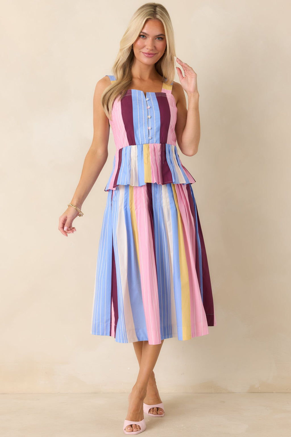 You Noticed Multi Stripe Cotton Pleated Sleeveless Peplum Top
