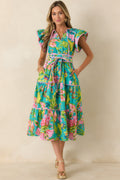 Prosperina Leighton Jade Multi Tropical Floral Cotton Midi Dress