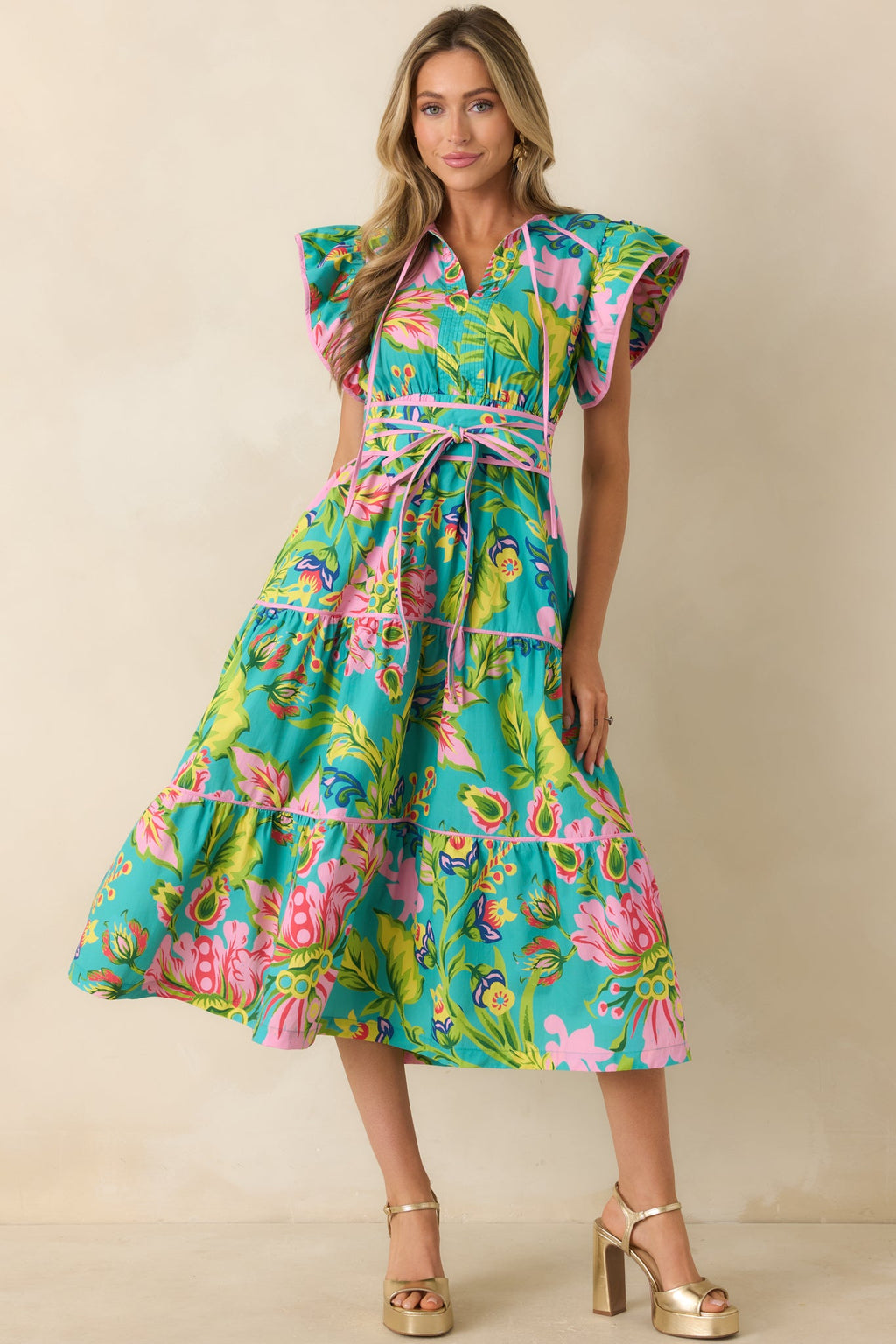 Prosperina Leighton Jade Multi Tropical Floral Cotton Midi Dress