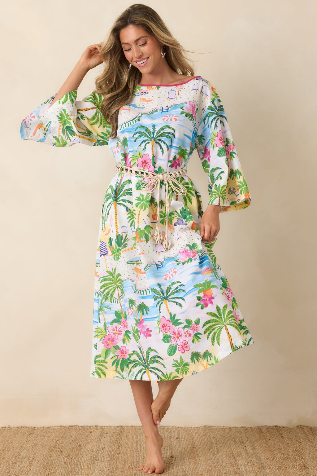 Paradisa Sarasota Pink Multi Cotton Linen Poolside Print Caftan Dress