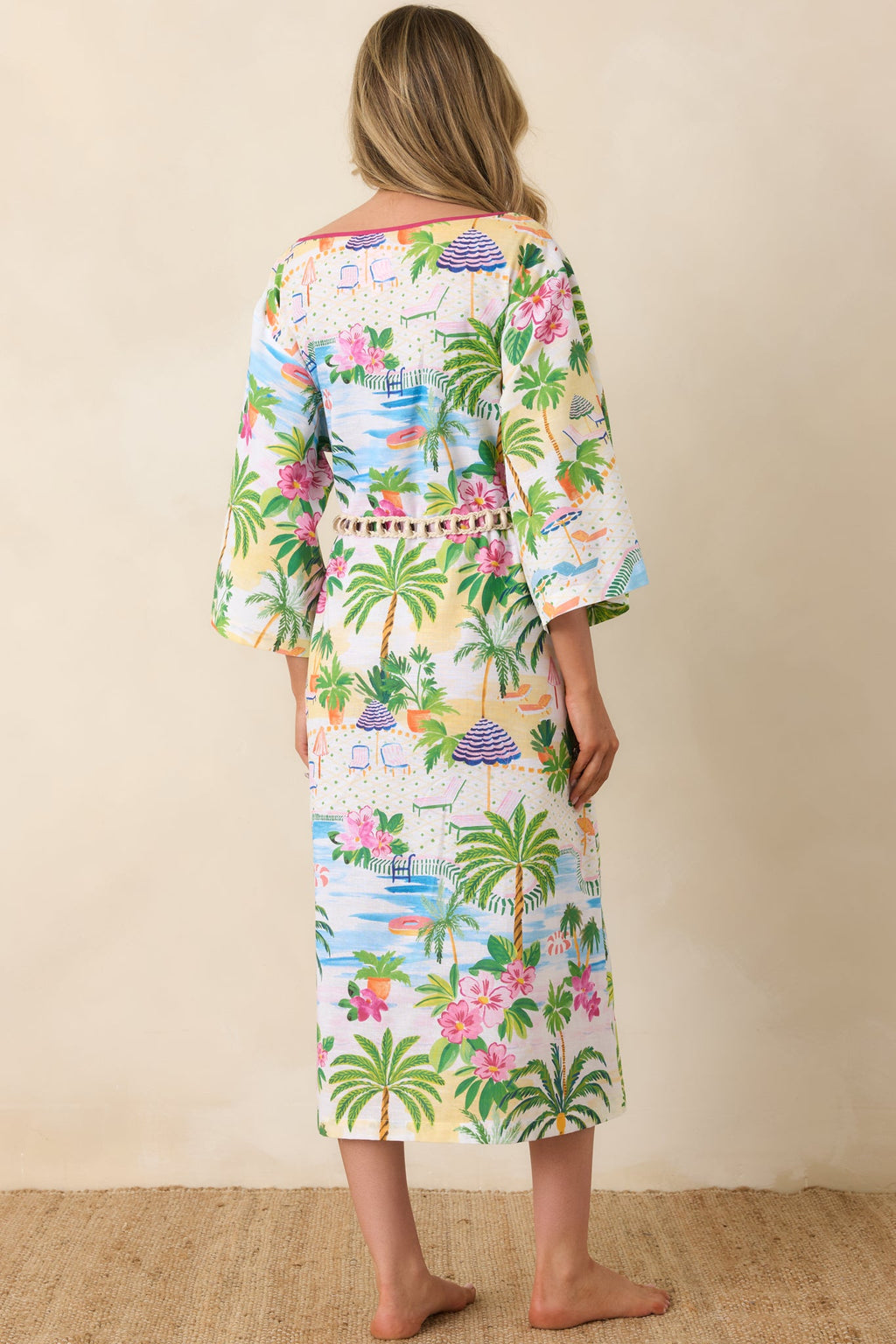 Paradisa Sarasota Pink Multi Cotton Linen Poolside Print Caftan Dress