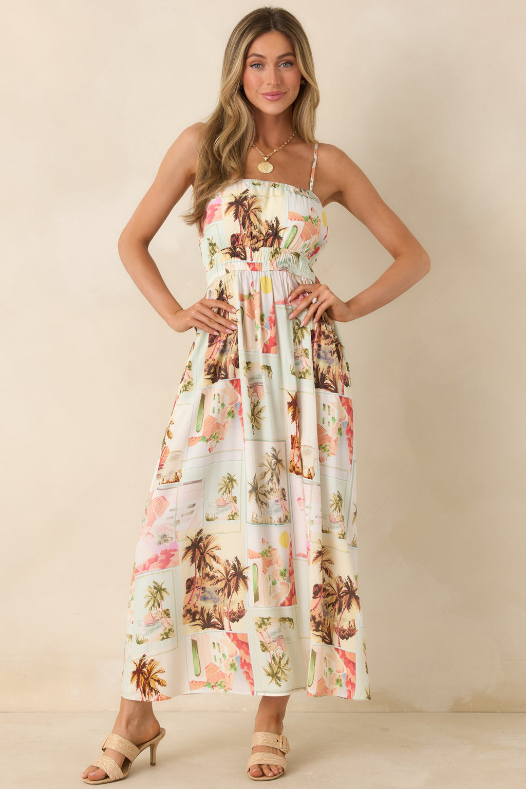MINKPINK Dolce Multi Vintage Postcard Print Midi Sundress