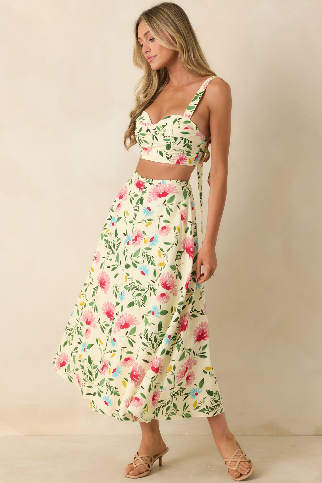 ASTR The Label Myria Yellow Multi Floral Pleated Crop Top