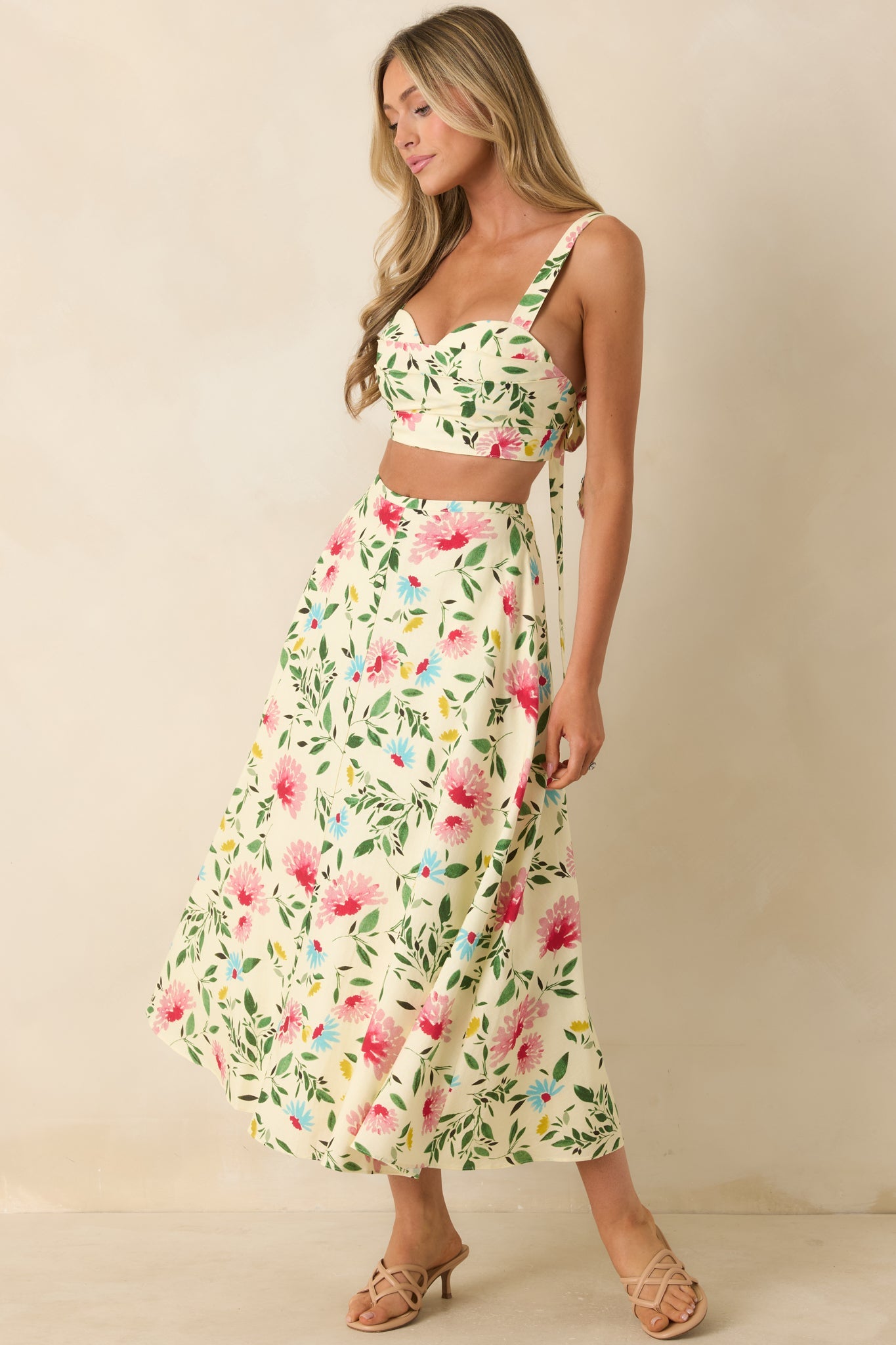 ASTR The Label Myria Yellow Multi Floral Pleated Crop Top