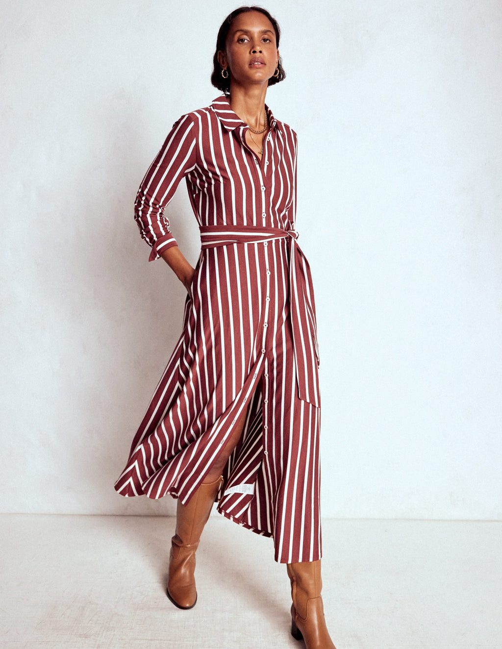 Marcia Jersey Shirt Dress-Burnt Orange, Painted Dot