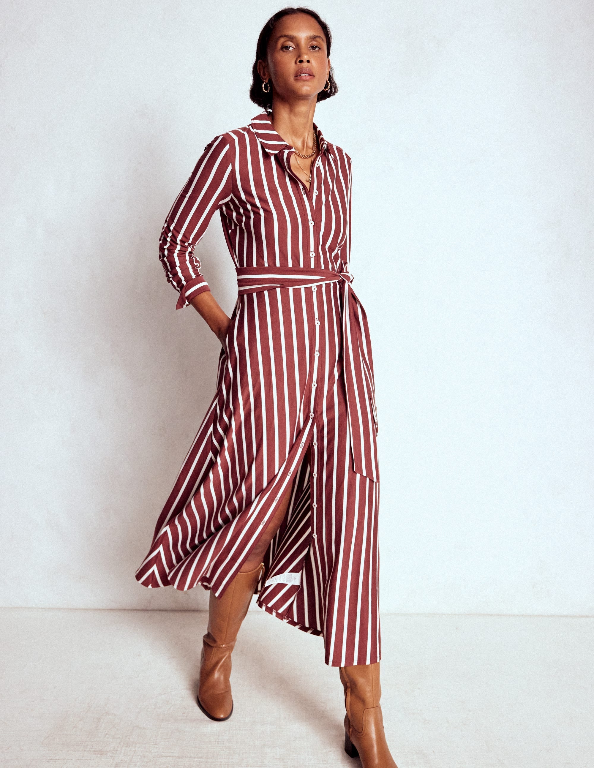 Marcia Jersey Shirt Dress-Burnt Orange, Painted Dot
