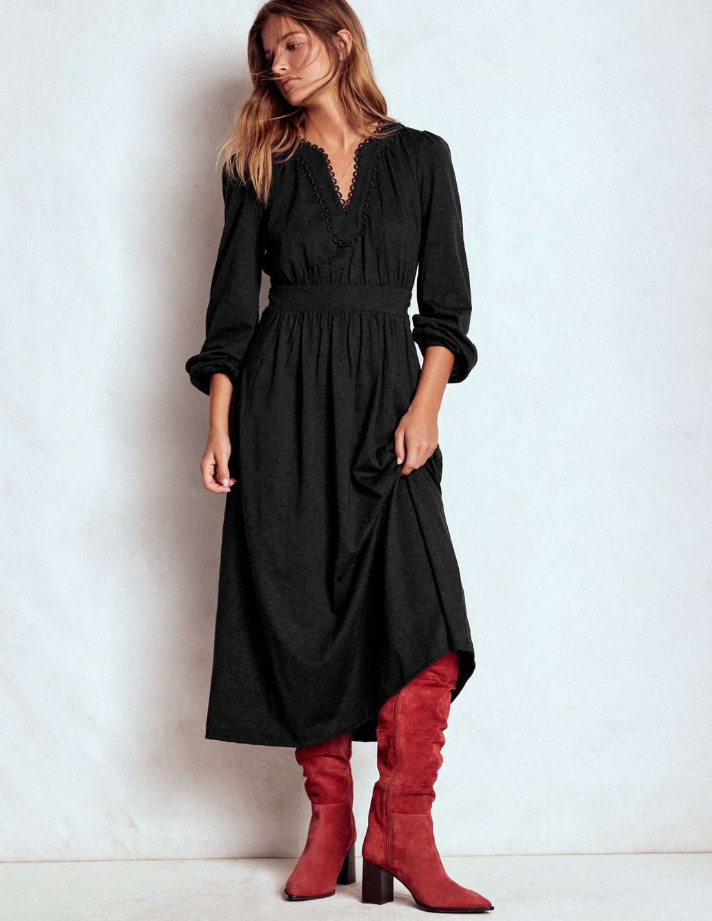 Maddie Picot Trim Midi Dress-Black