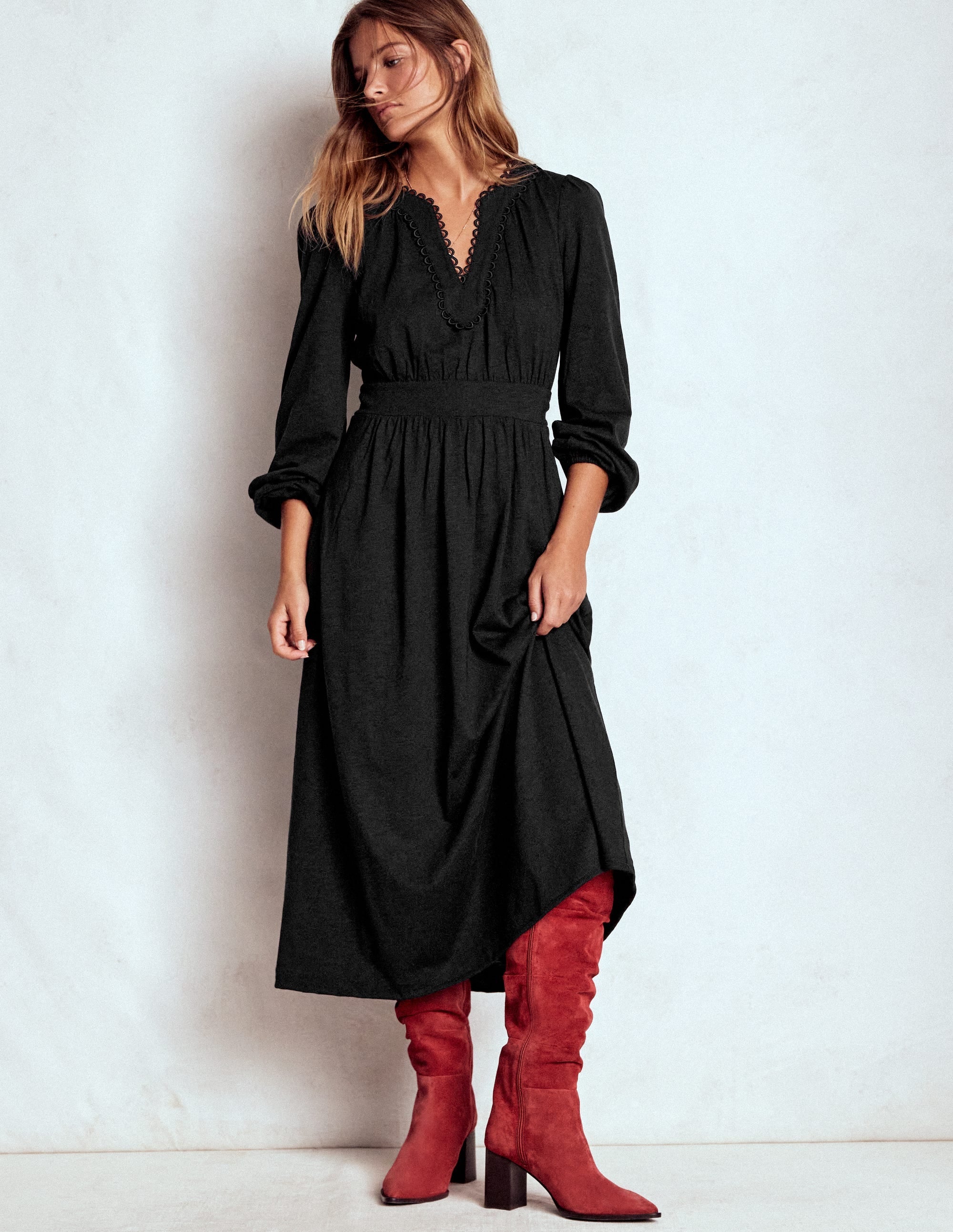 Maddie Picot Trim Midi Dress-Black