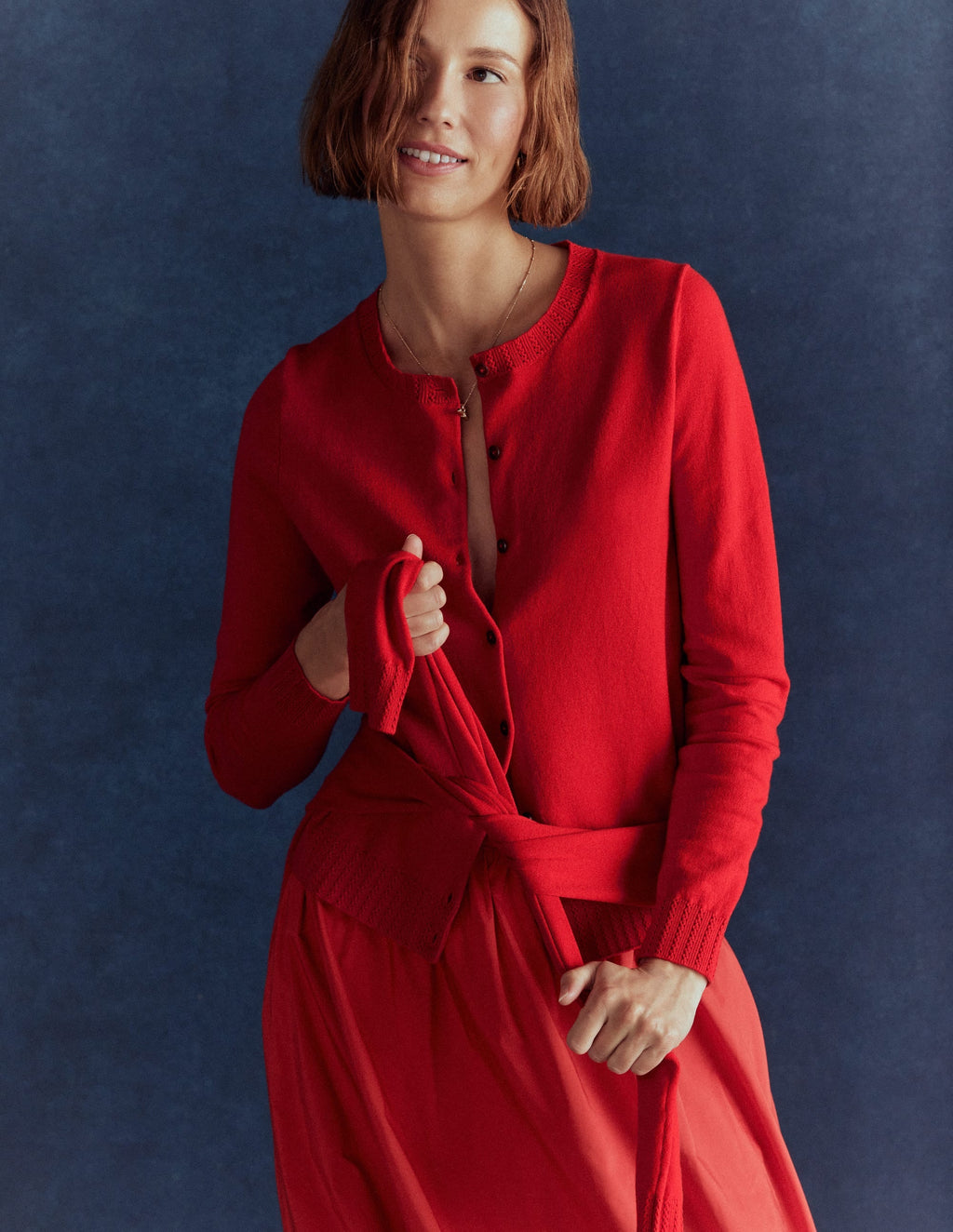 Emilia Cotton Crew Cardigan-Poppy Red
