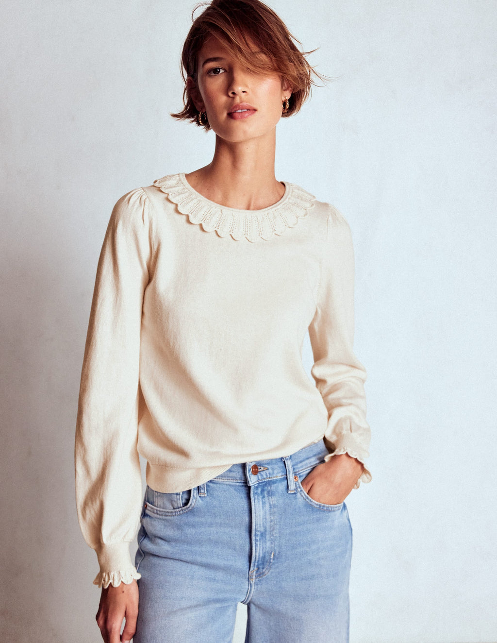 Melina Cotton Ruffle Sweater-Warm Ivory
