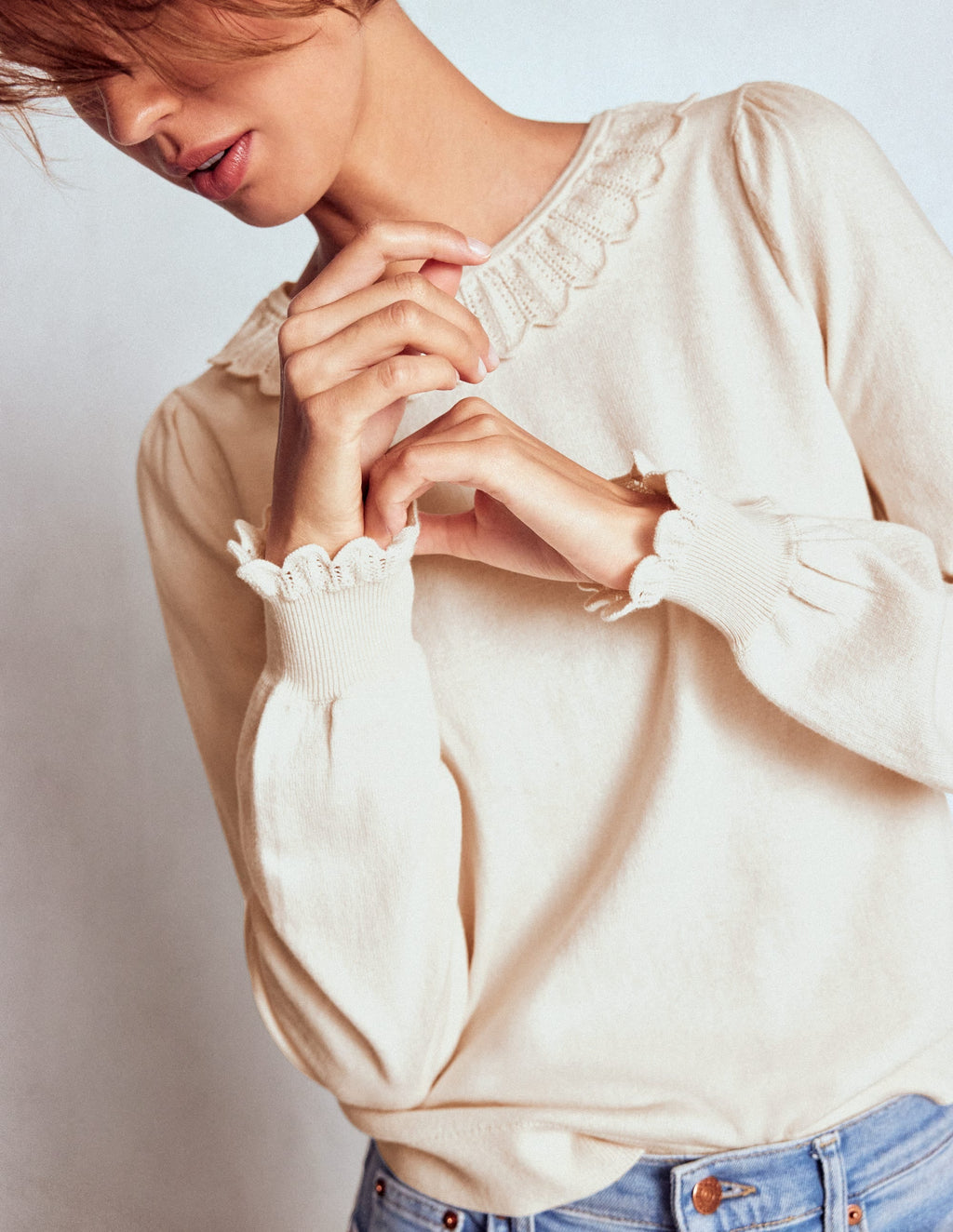 Melina Cotton Ruffle Sweater-Warm Ivory