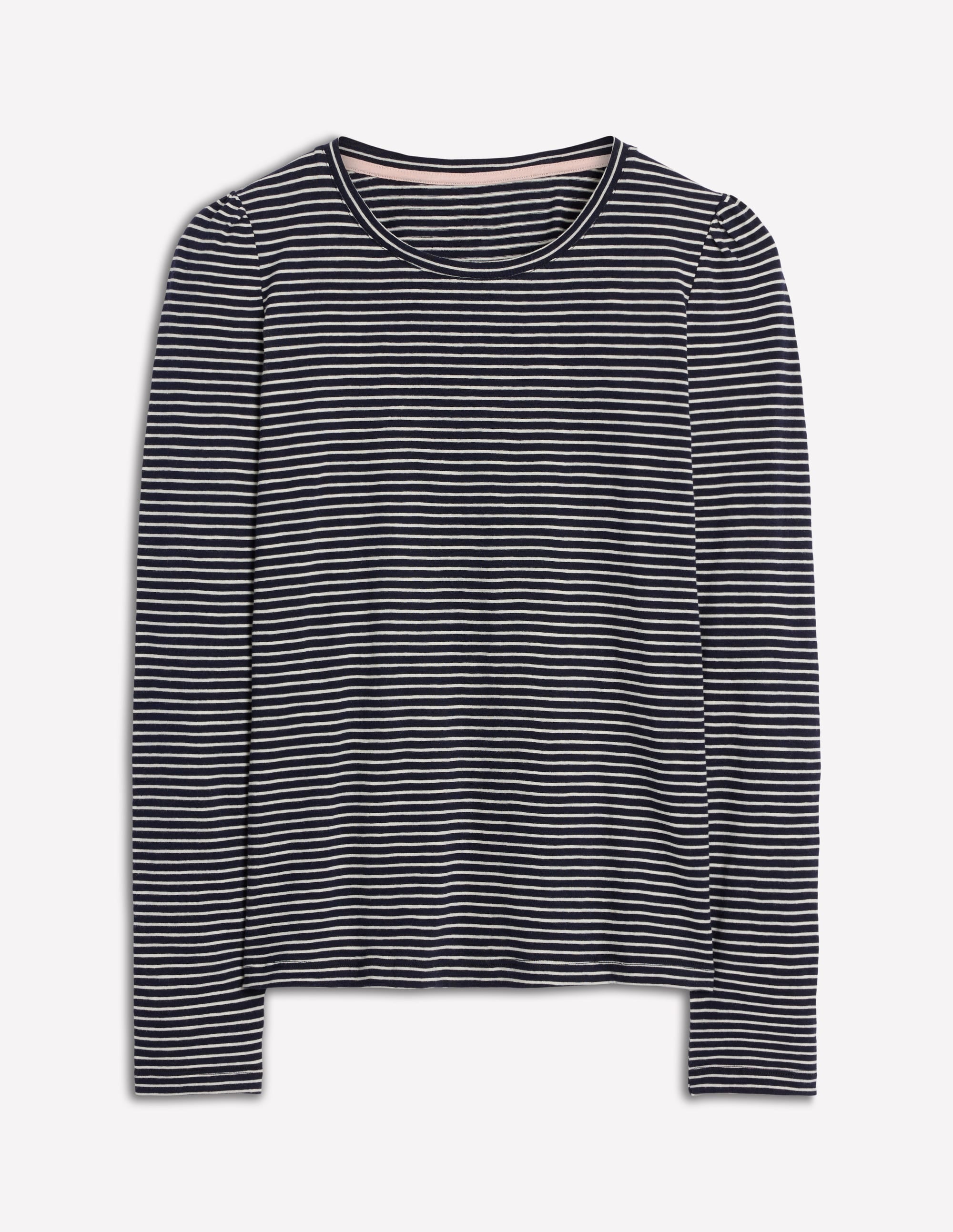 Cotton Crew Long Sleeve Top-Navy, Ivory Stripe