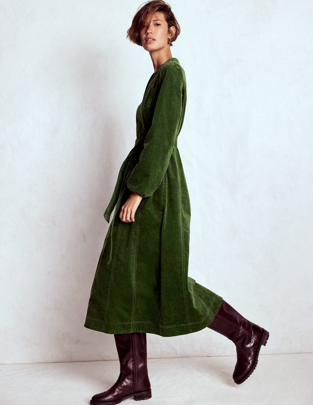 Ros Panelled Cord Midi Dress-Green Fir