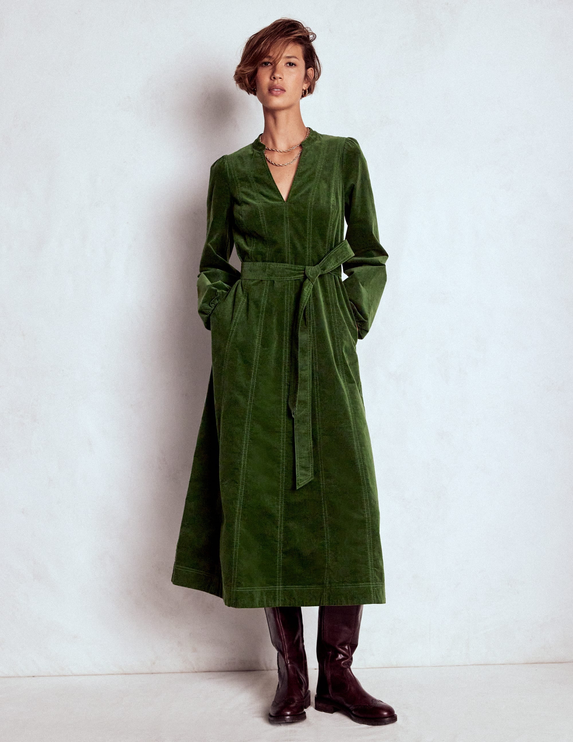 Ros Panelled Cord Midi Dress-Green Fir