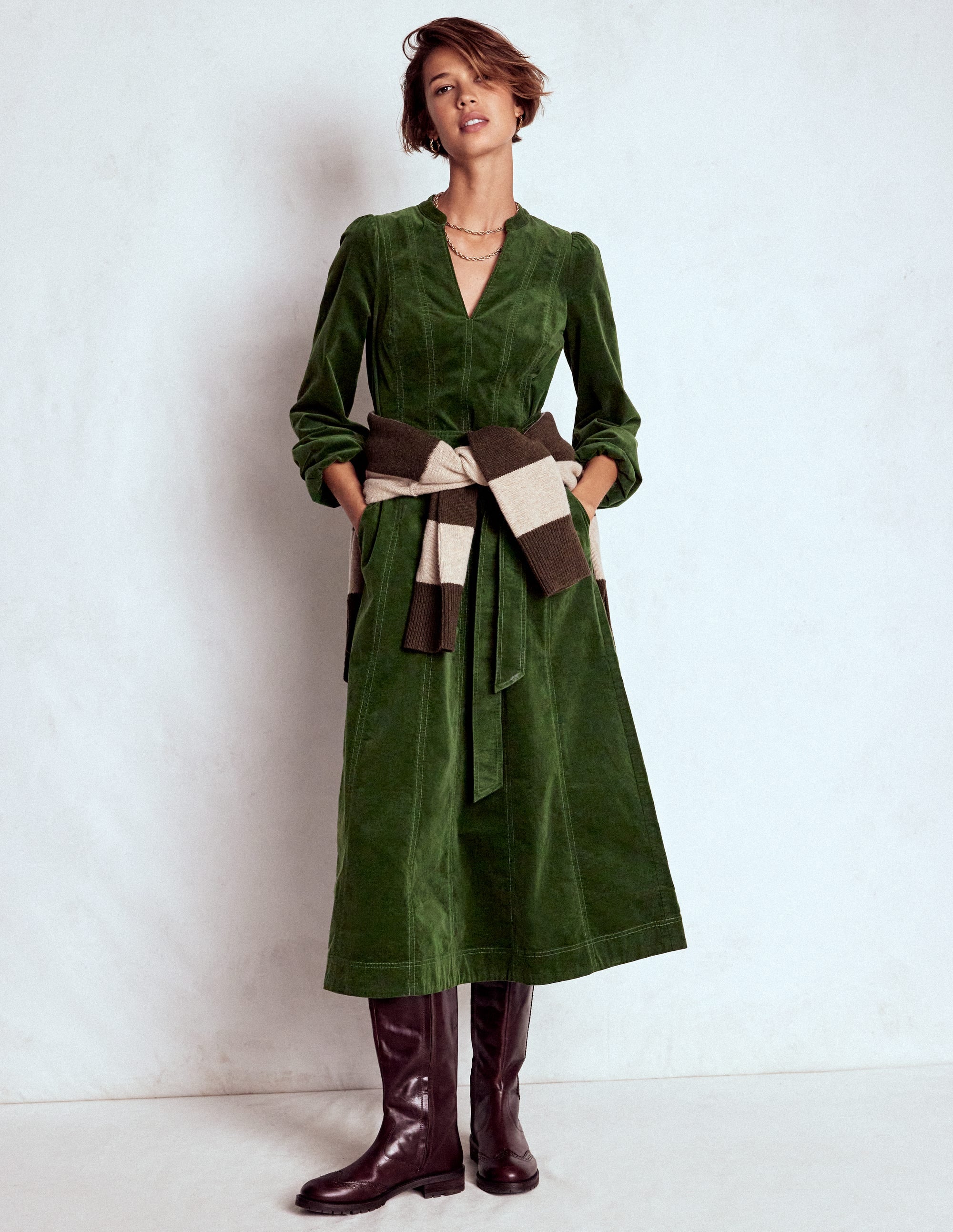 Ros Panelled Cord Midi Dress-Green Fir