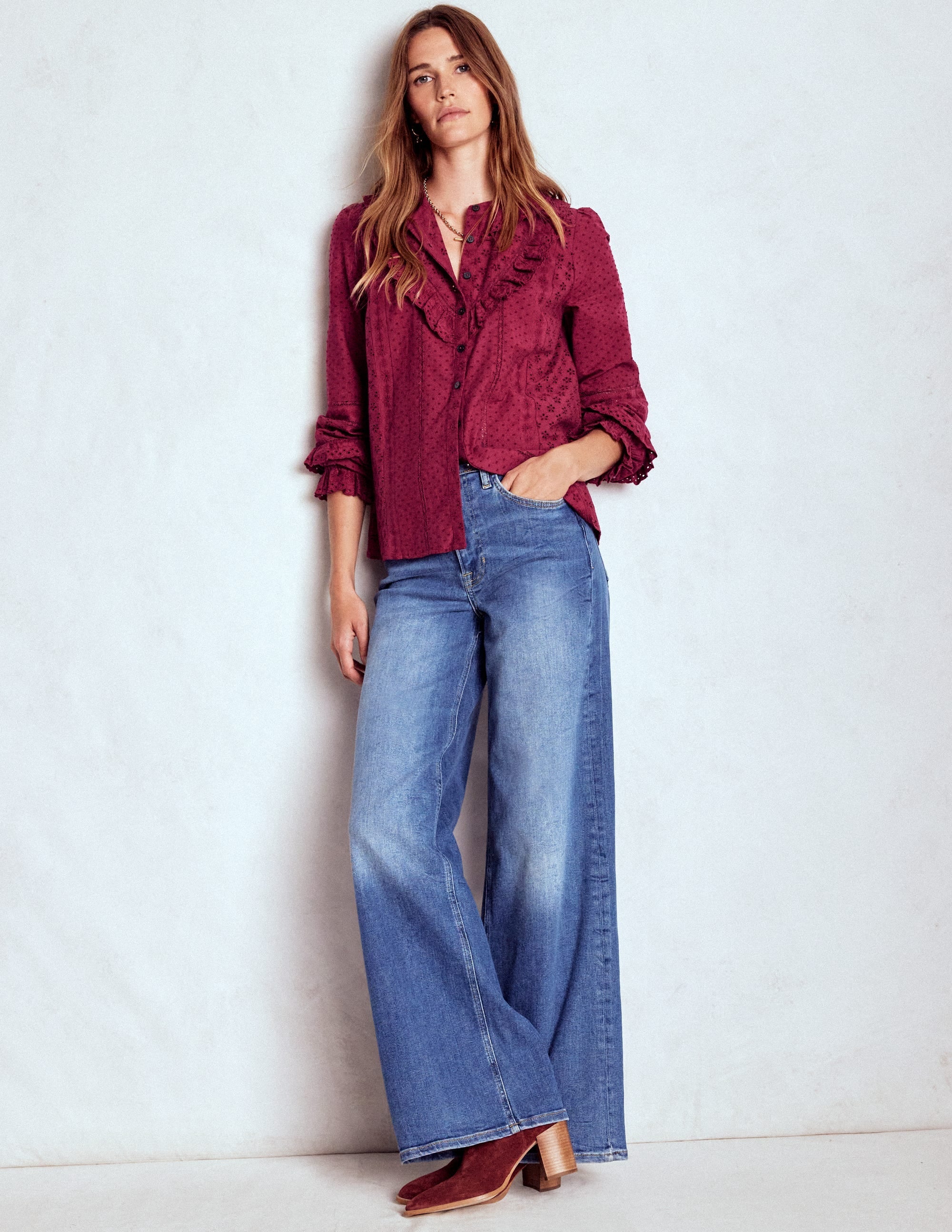 Broderie Ruffle Top-Ruby Red