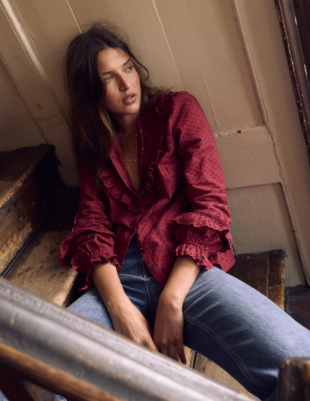 Broderie Ruffle Top-Ruby Red