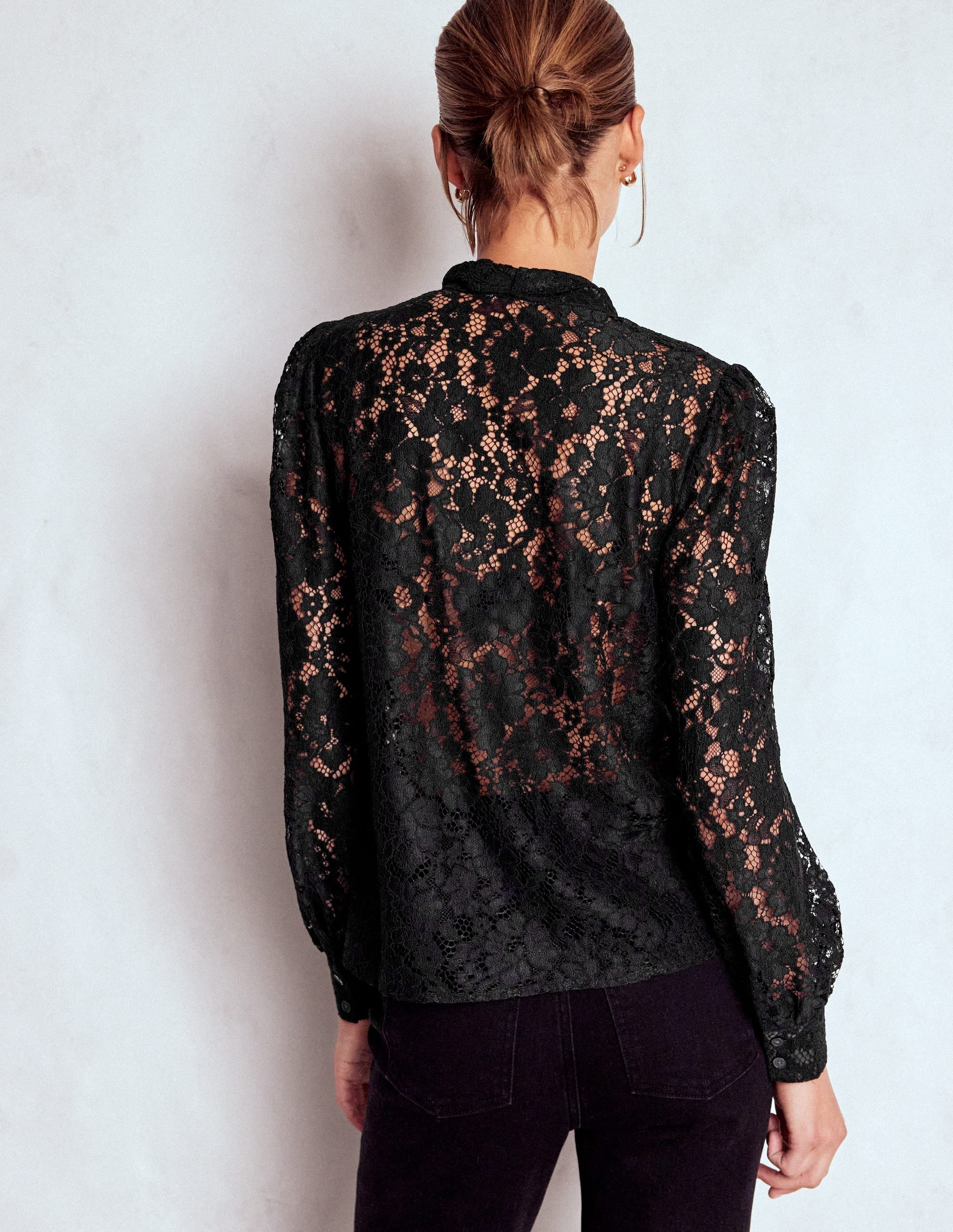 Lace Tie Neck Top-Black