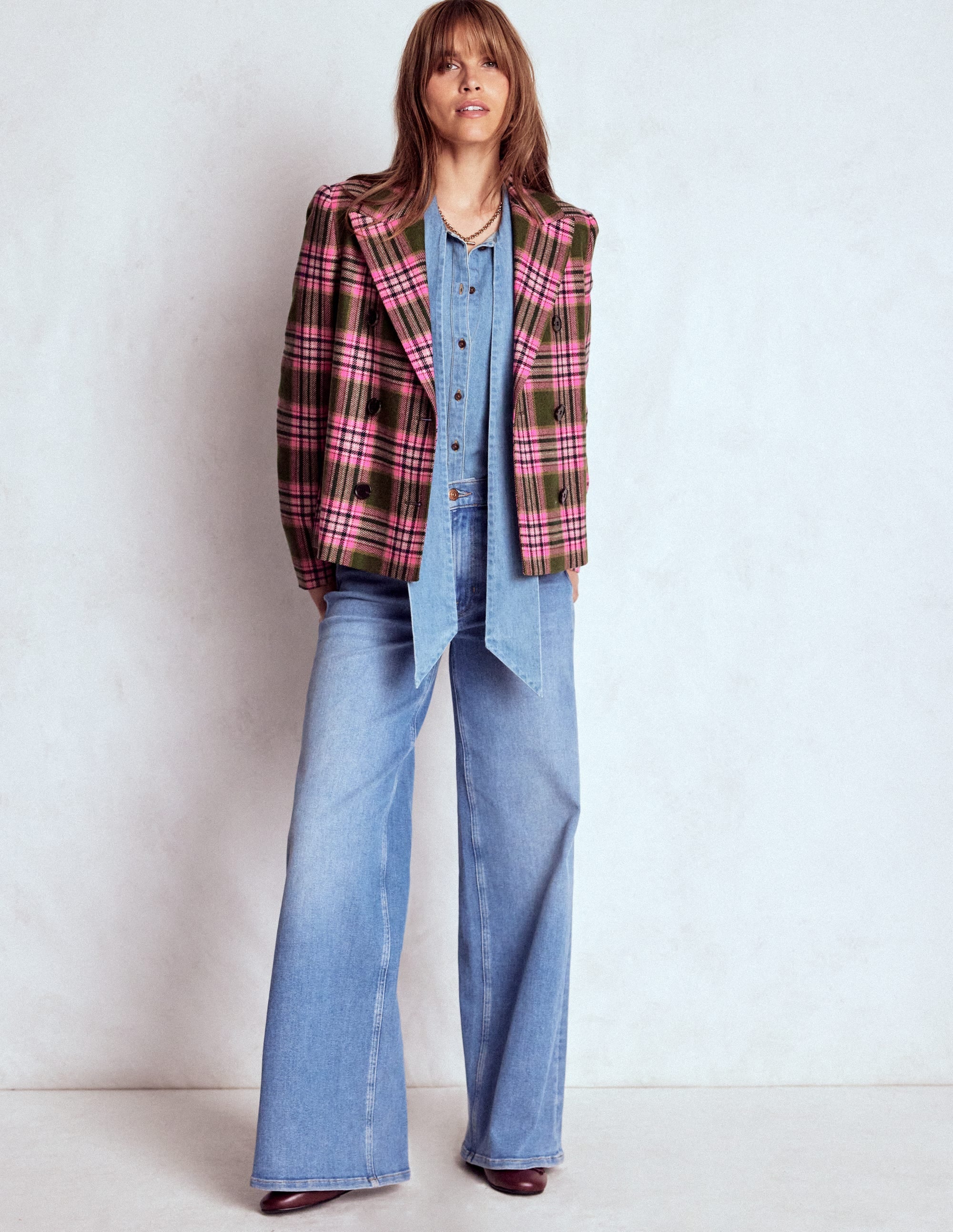 Boxy Double Breasted Blazer-Olive Green and Pink Check