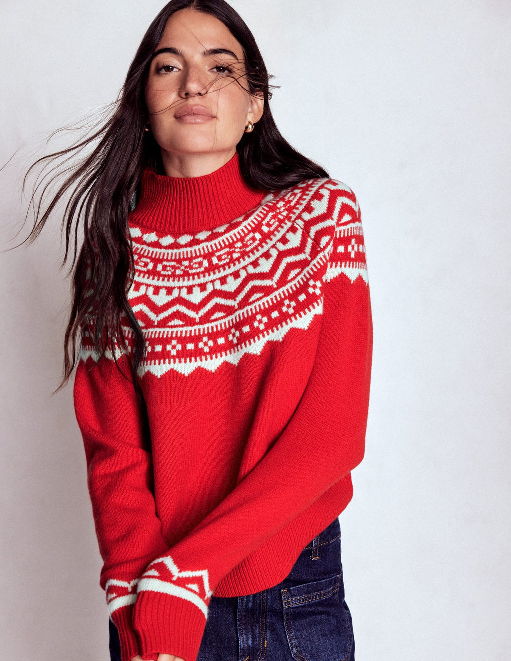 Marion Merino Rib Neck Sweater-Poppy Red Fair Isle