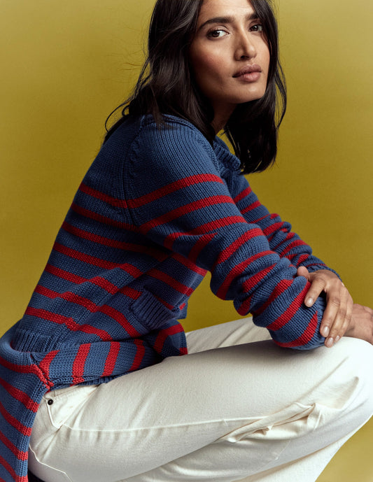 Lucy Chunky Cotton Cardigan-Soft Navy and Red Stripe