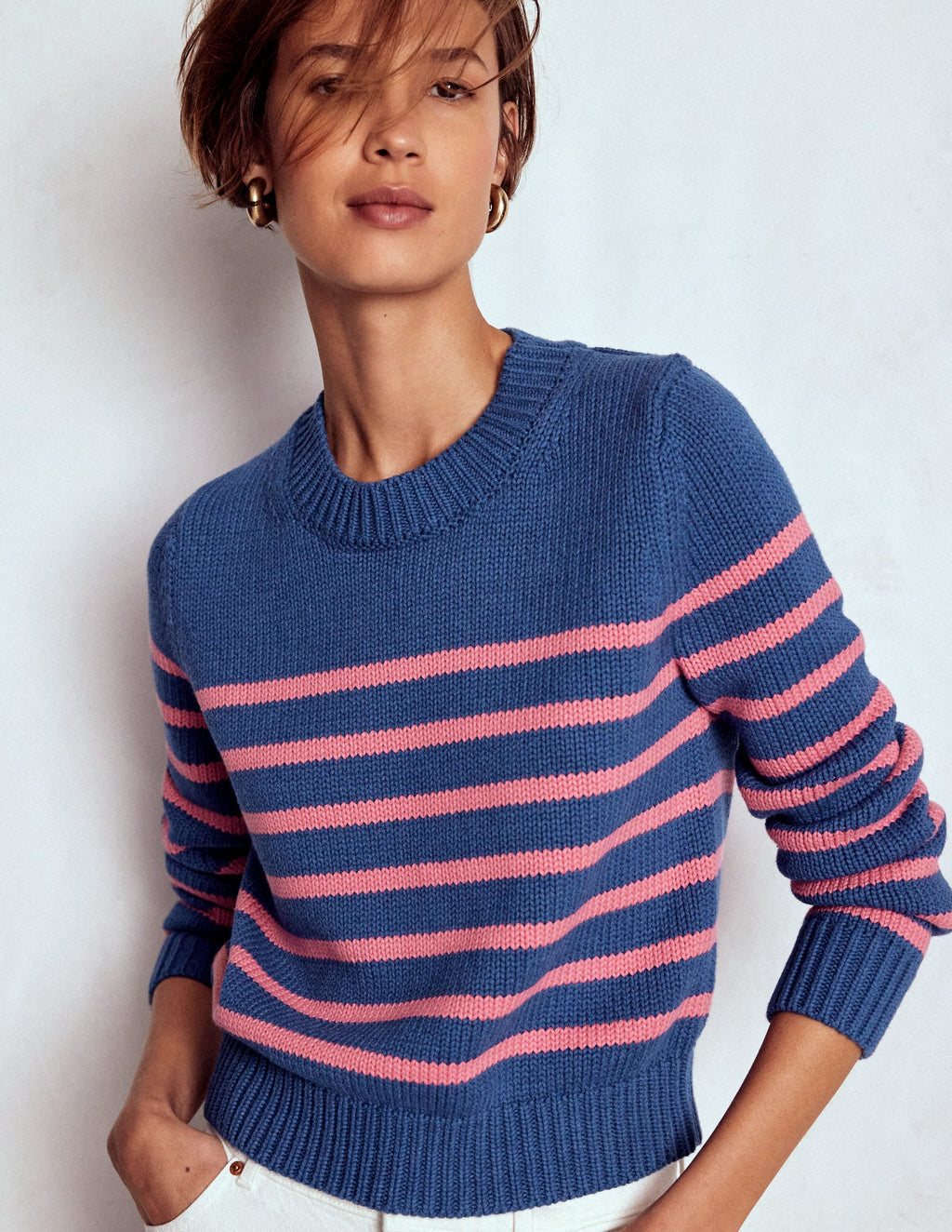 Lucy Chunky Cotton Sweater-Blue, Pink Stripe