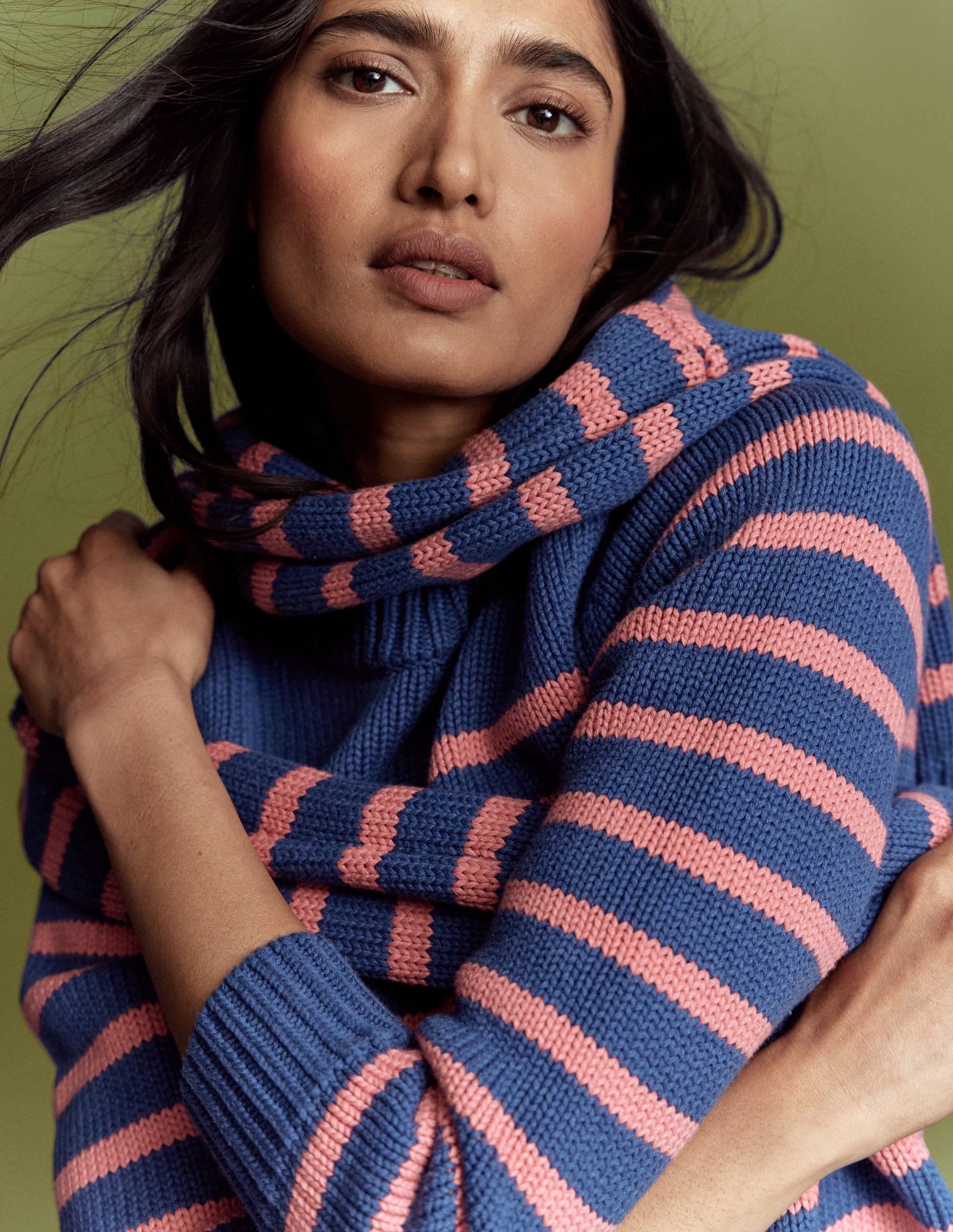 Lucy Chunky Cotton Sweater-Blue, Pink Stripe