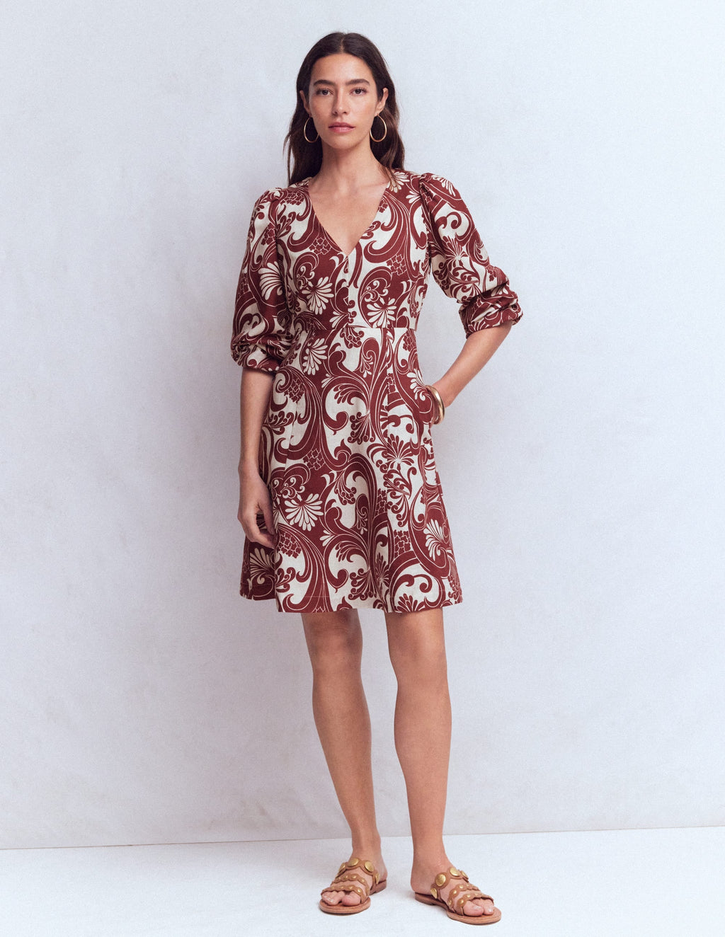Marla Linen Blend Short Dress-Brown Foliage Whirl