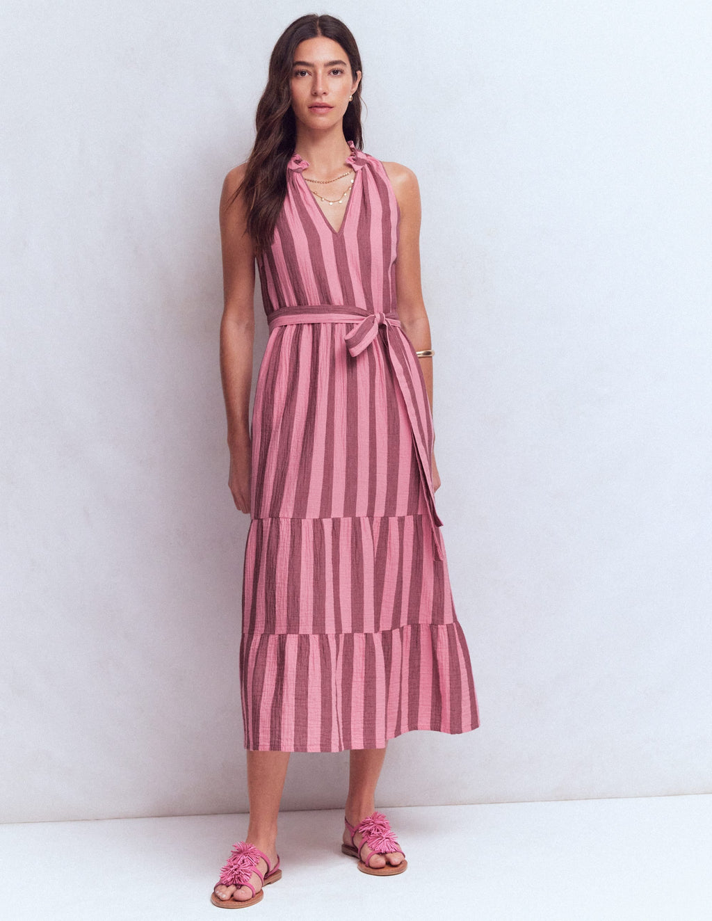 Viv Double Cloth Maxi Dress-Brown Pink Stripe