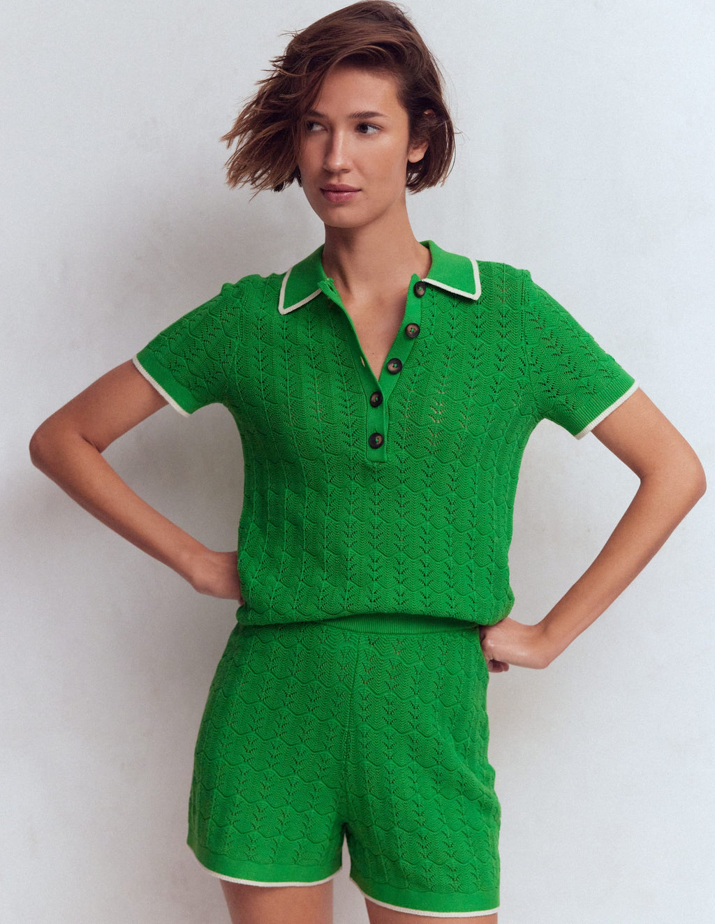 Pointelle Henley T-shirt-Online Lime